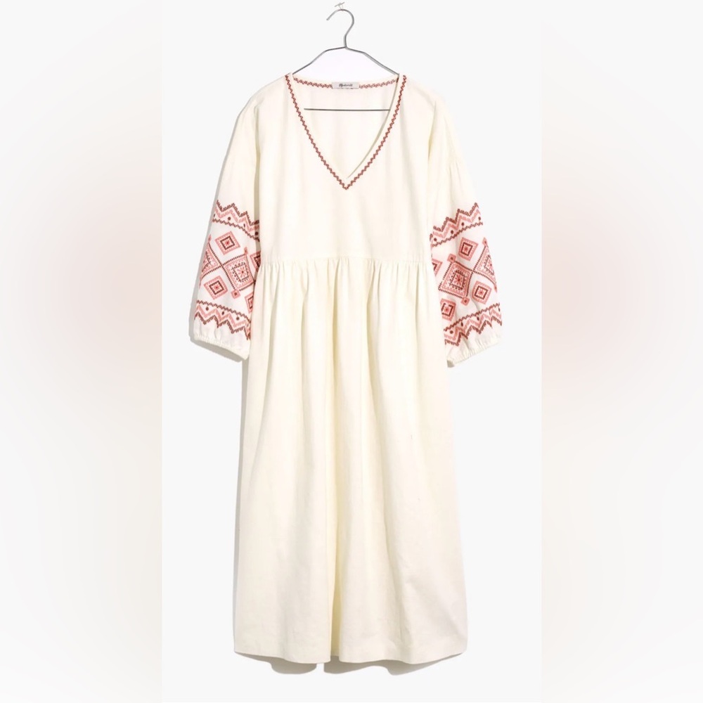 Madewell Embroidered-Sleeve Popover Midi Dress